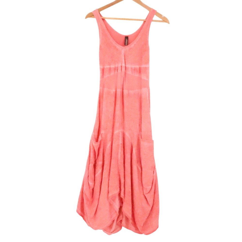 Inizio Lagenlook Linen Bubble Midi Dress Womens Size S Coral Pink Boho Italy